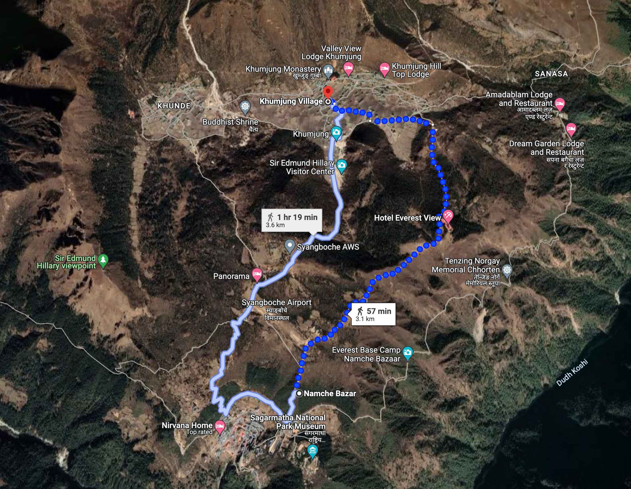 Khumjung Village Map with Hiking Trail from Namche Bazaar