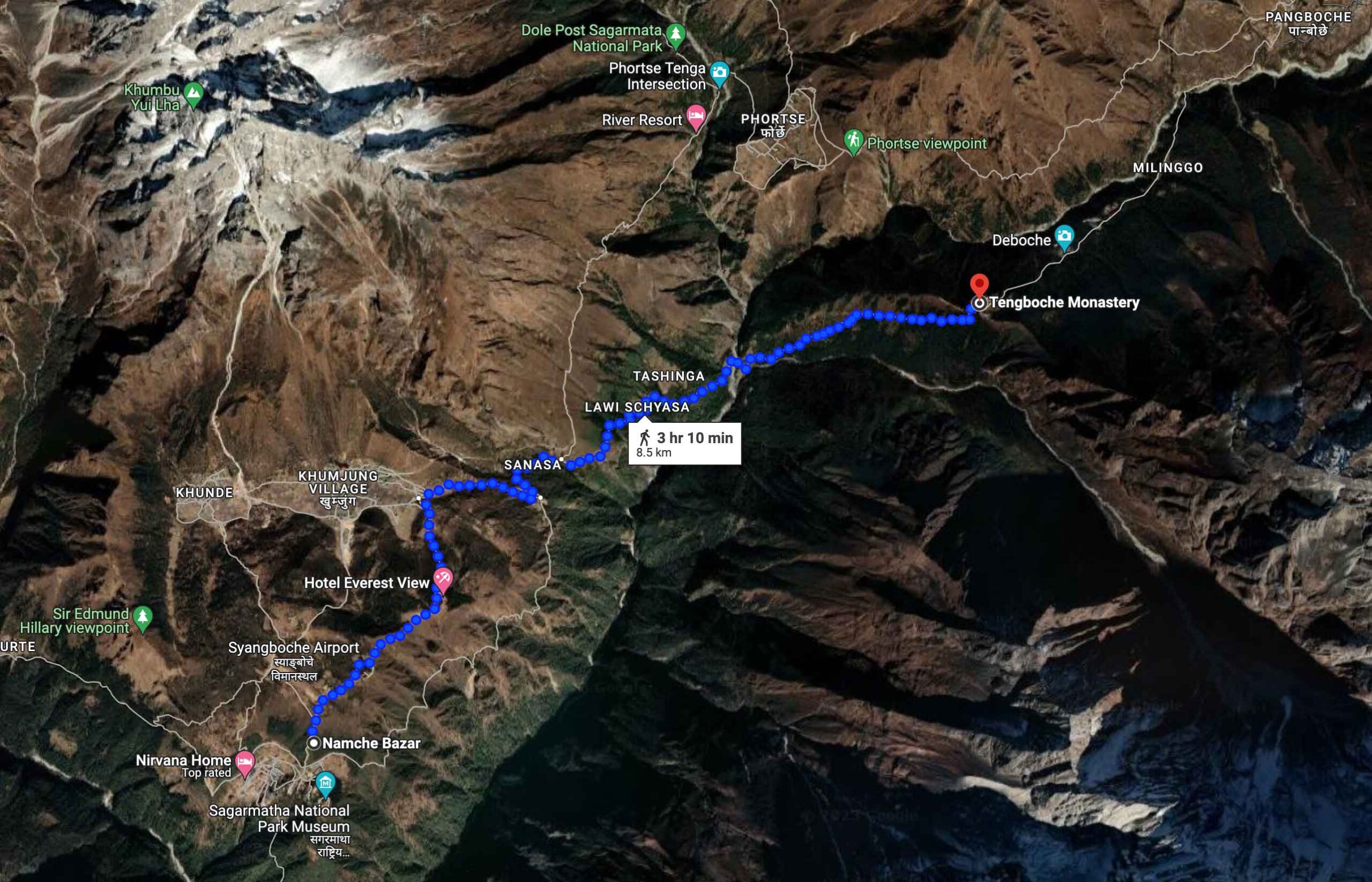 Tengboche Monastery Map with Hiking Trail from Namche Bazaar